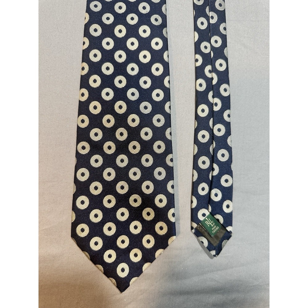 RALPH LAUREN Neck Tie Navy/Tan Silk Polka Dot Tie Made in USA 100% Silk